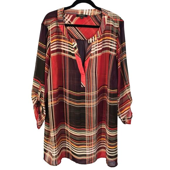 Ellen Weaver Popover Blouse Women's 3X Orange Brown Plaid Sheer Classic Career - Picture 1 of 10